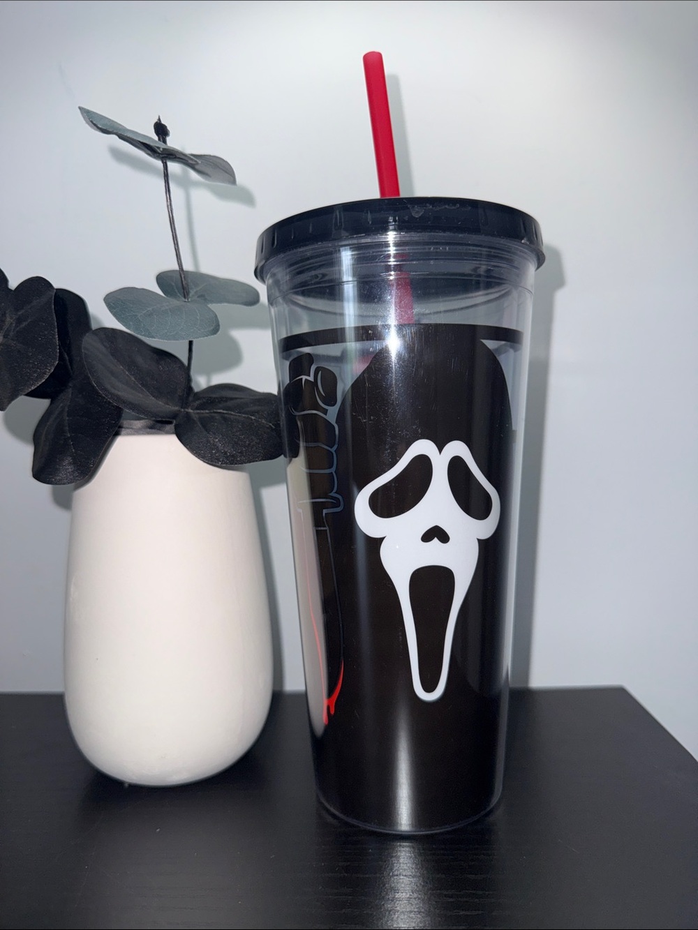 Black Scream Face Reusable Tumbler with Red Straw